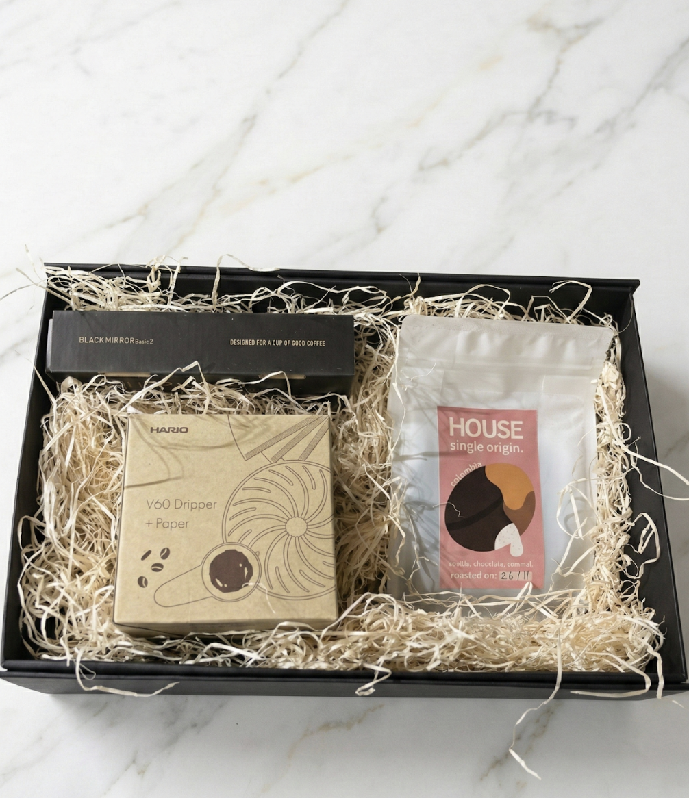 V60 PRO Coffee Gift Box – Hario V60 Dripper Set with Premium Timemore Scales & Freshly Roasted Pre-Ground House Coffee Pour-Over Gift Hamper