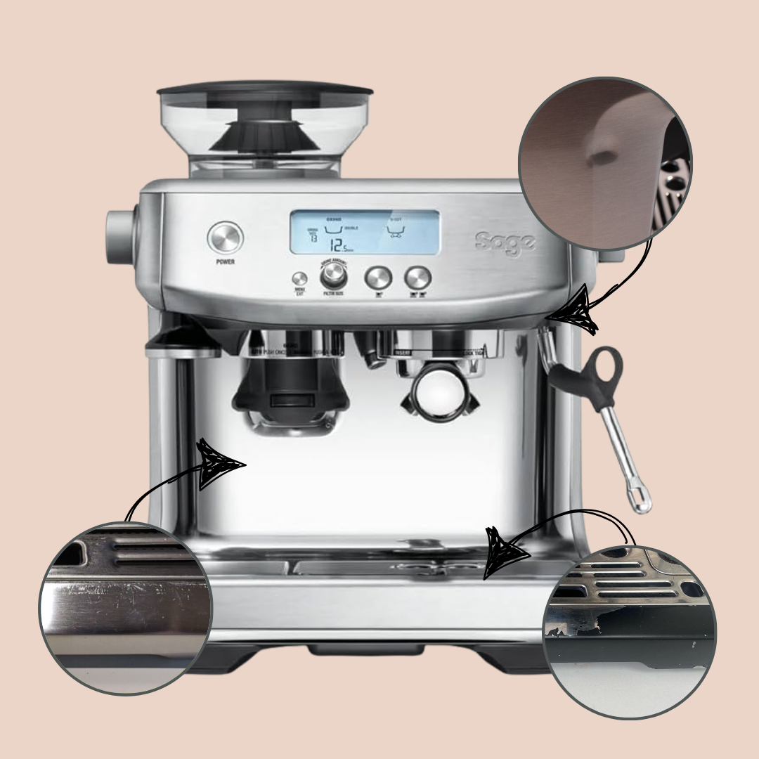 Sage refurbished espresso machine with close-up details on a beige background