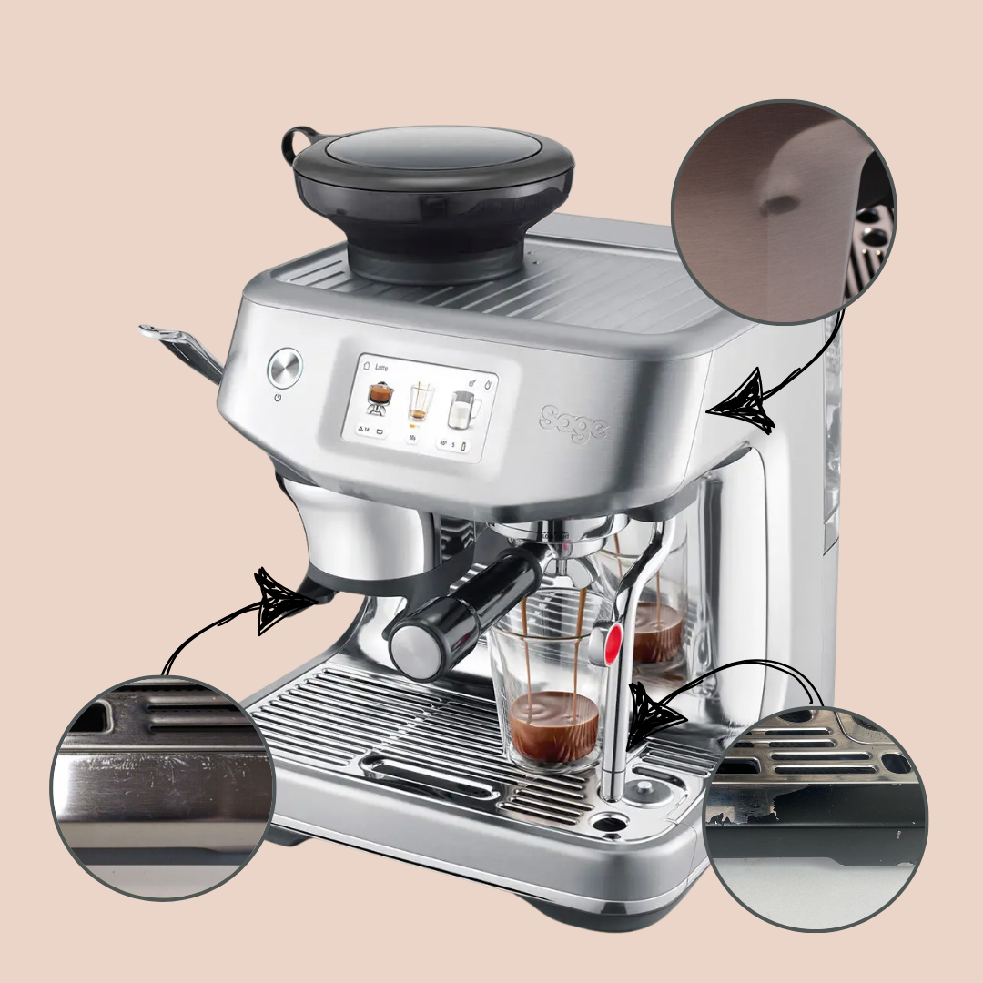 Silver Sage Bariosta Touch Refurbished espresso machine with close-up cosmetic details on a beige background