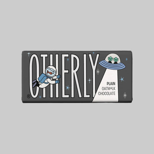 Otherly Vegan Oatmilk chocolate bar packaging with an astronaut design on a white background