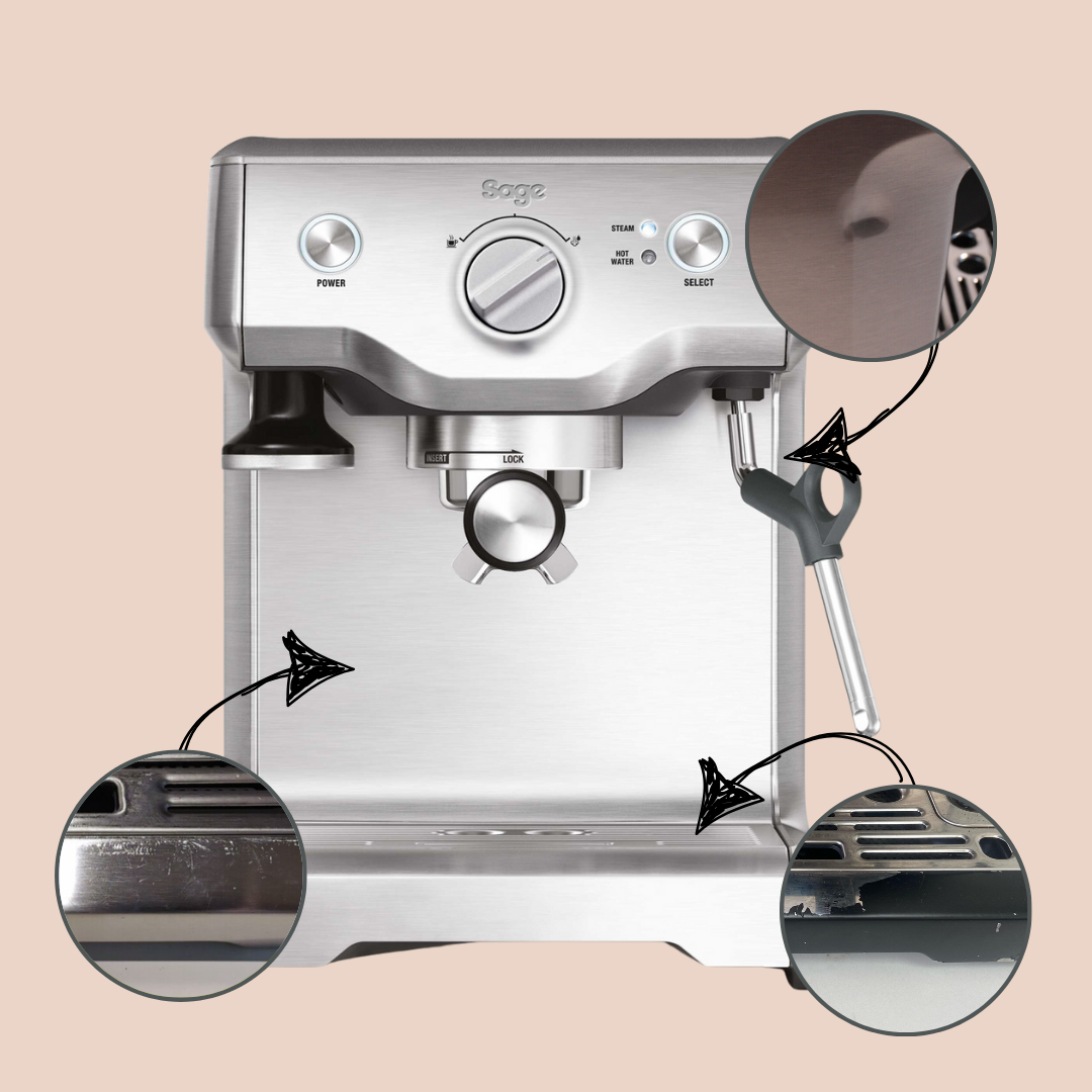 Refurbished Sage espresso machine with close-up details on a beige background
