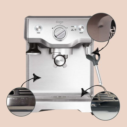 Refurbished Sage espresso machine with close-up details on a beige background