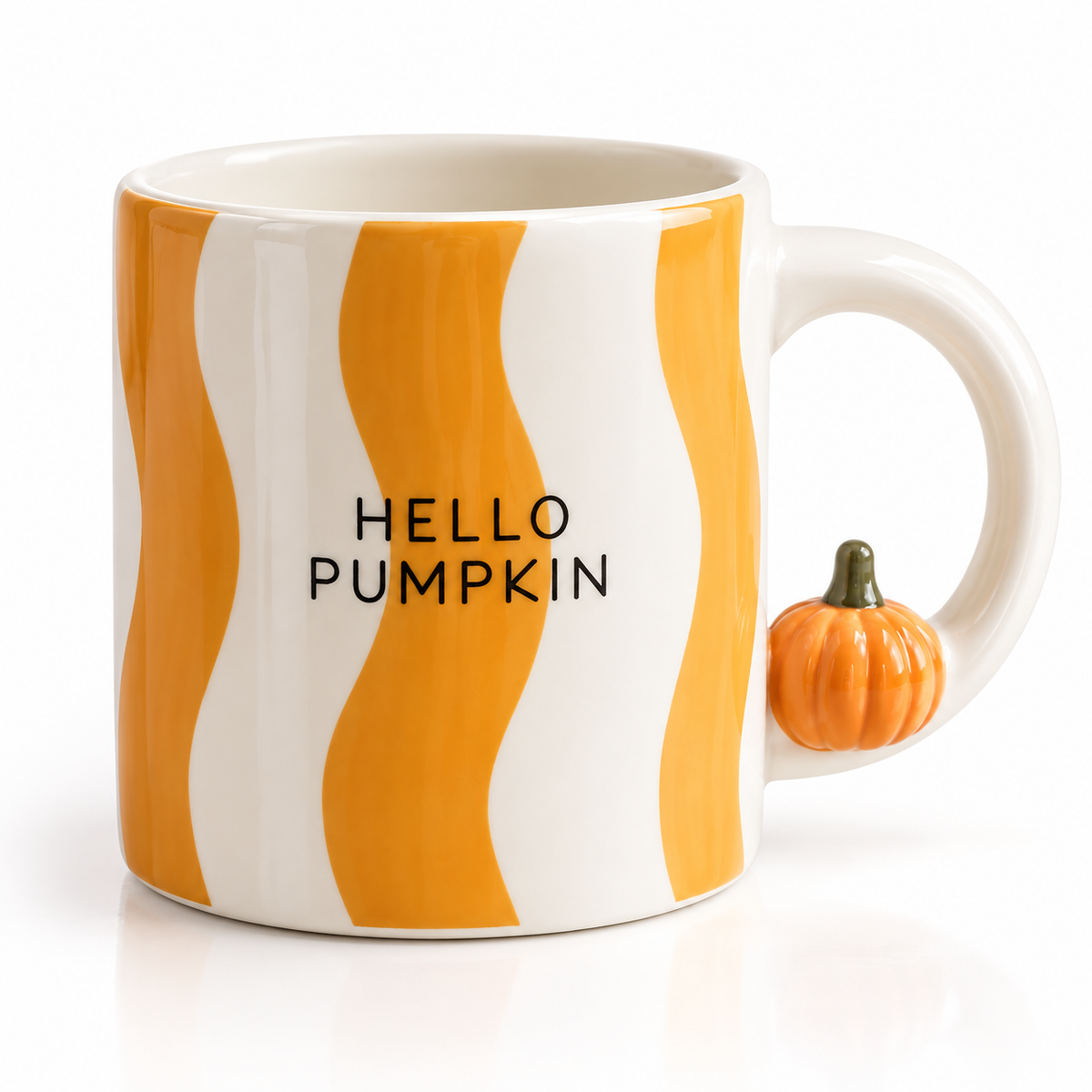 White ceramic mug with orange wavy stripes, Hello Pumpkin lettering, and a sculpted pumpkin on the handle