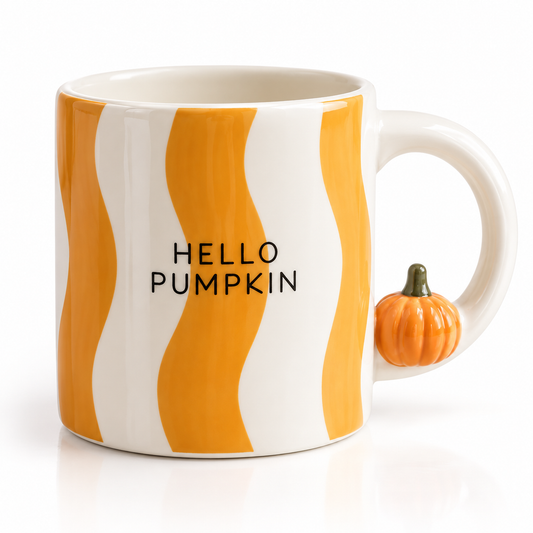 White ceramic mug with orange wavy stripes, Hello Pumpkin lettering, and a sculpted pumpkin on the handle