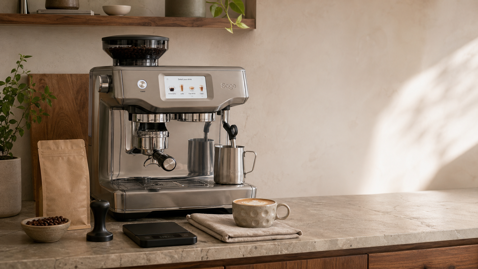 Home espresso coffee station with a Sage espresso machine, ceramic cup, fresh beans and brewing tools