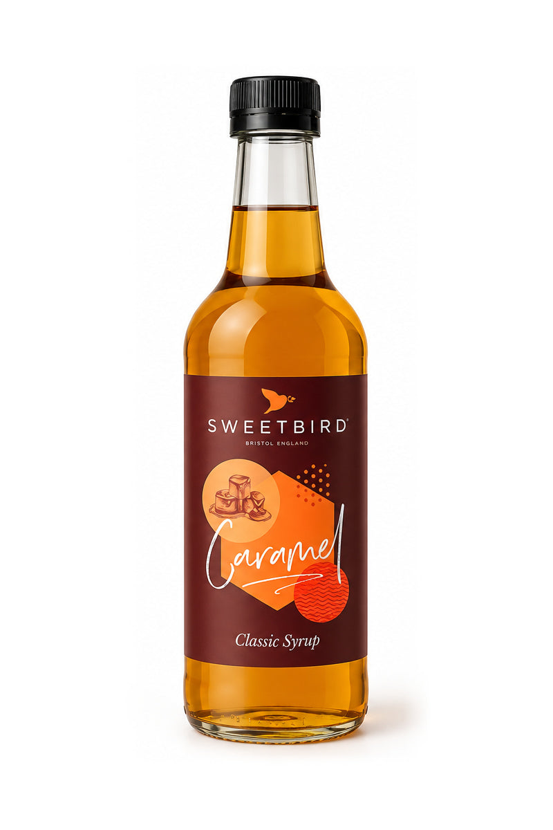 Sweetbird Caramel Syrup 250ml glass bottle with black cap on a clean white background.