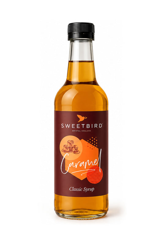Sweetbird Caramel Syrup 250ml glass bottle with black cap on a clean white background.