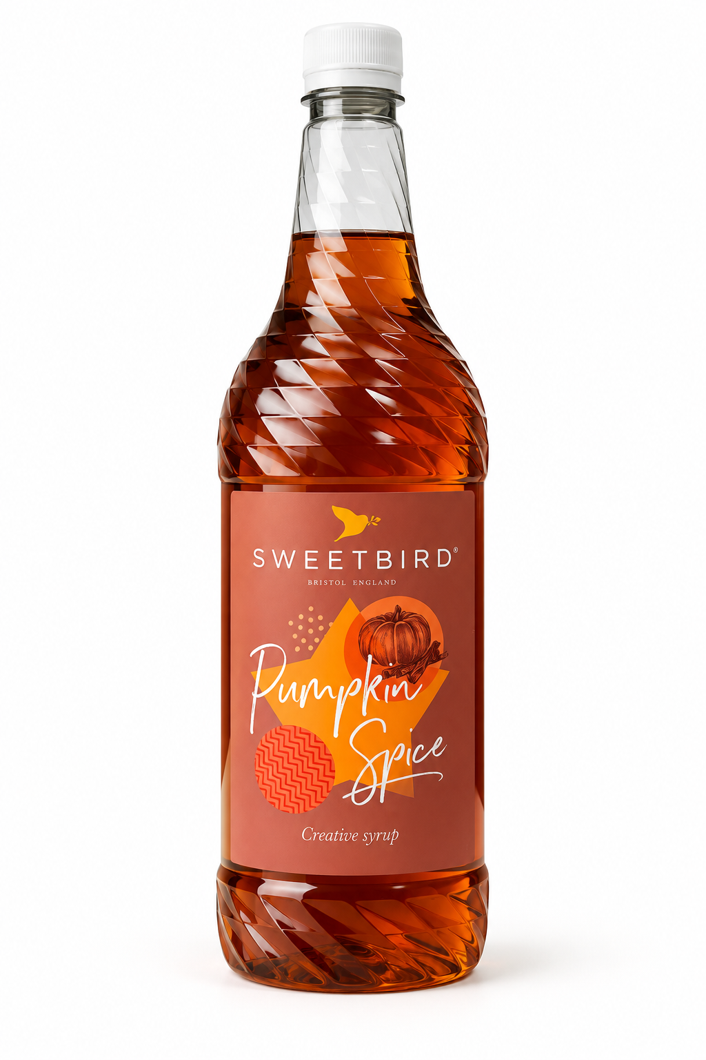 Sweetbird Pumpkin Spice syrup, 1-litre bottle, photographed against a clean neutral background.