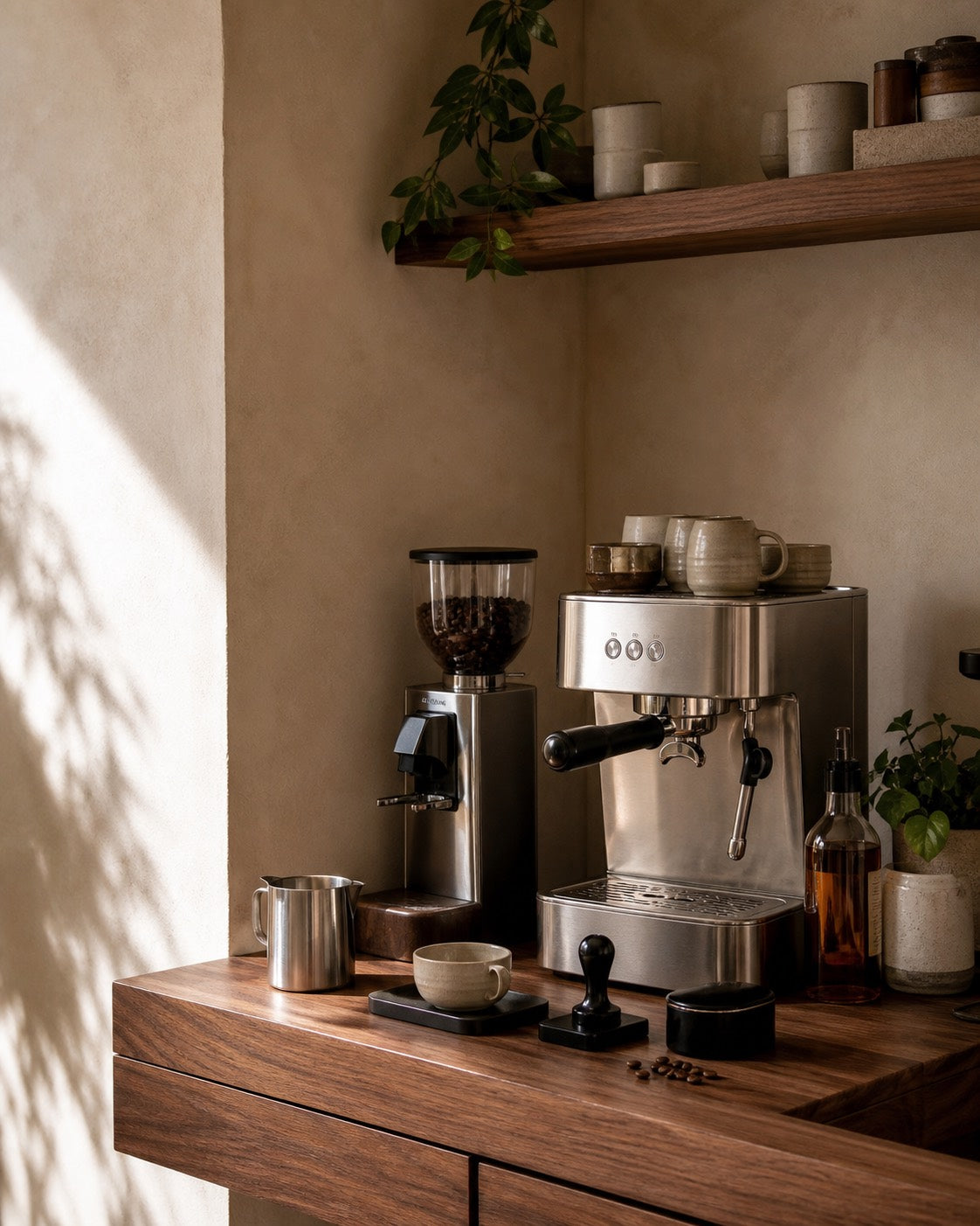Warm home coffee nook with espresso machine, grinder and handmade cups